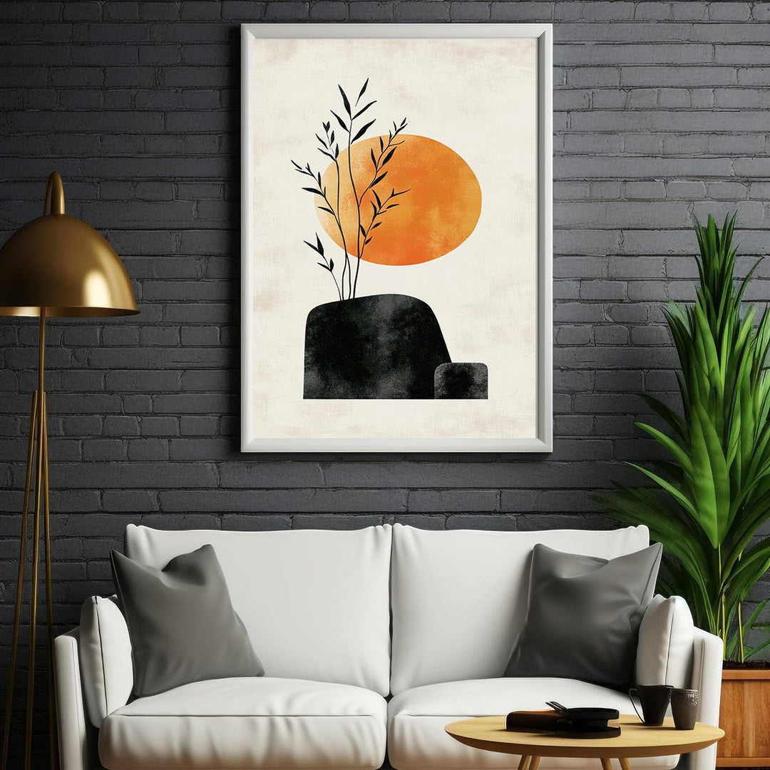 Wadi Home Abstract Botanical Sun Wall Art with orange sun, black shapes, and botanical elements on a neutral background.
