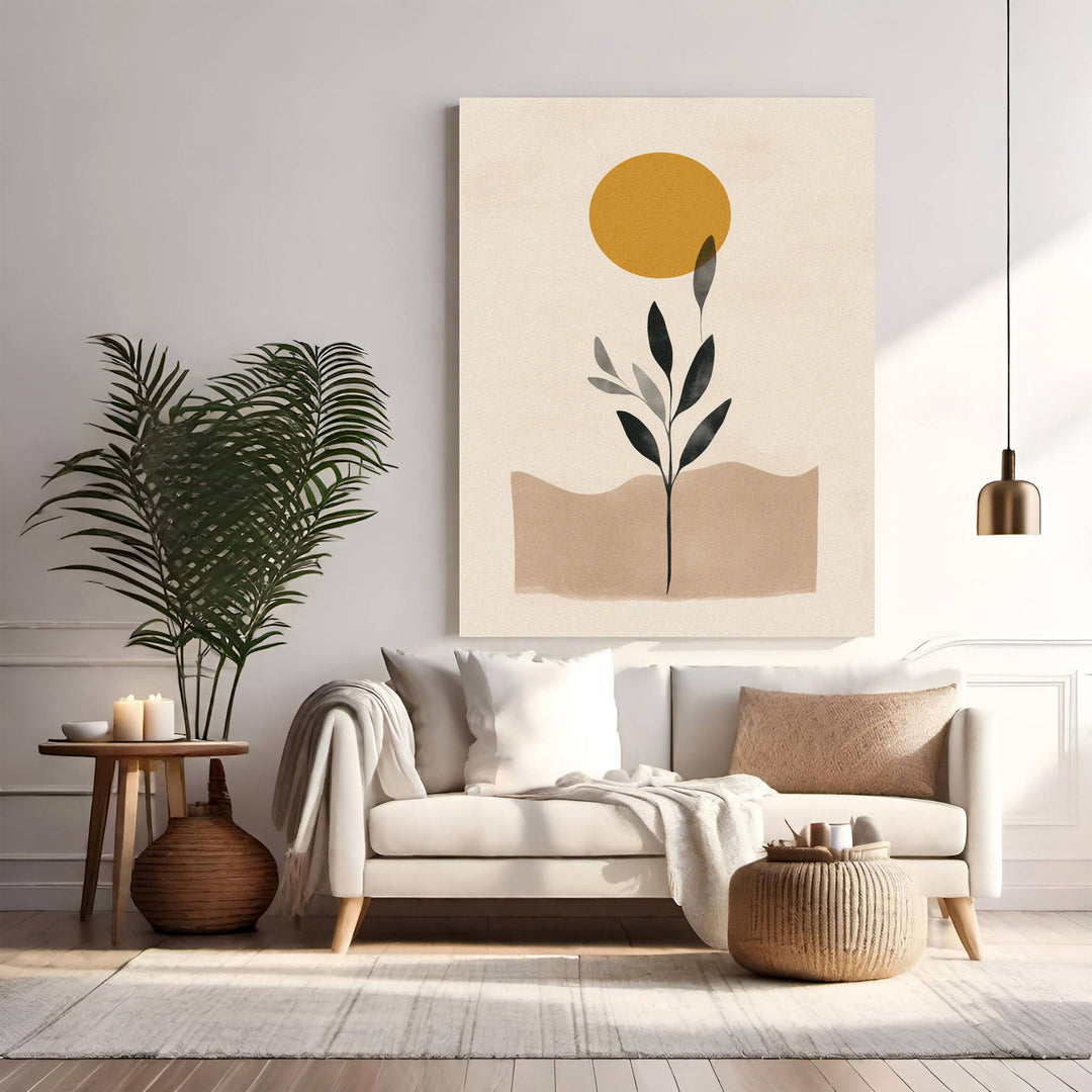 Wadi Home Abstract Botanical Sun Wall Art with golden sun and minimalist plant design on neutral background.