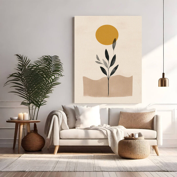 Wadi Home Abstract Botanical Sun Wall Art with golden sun and minimalist plant design on neutral background.