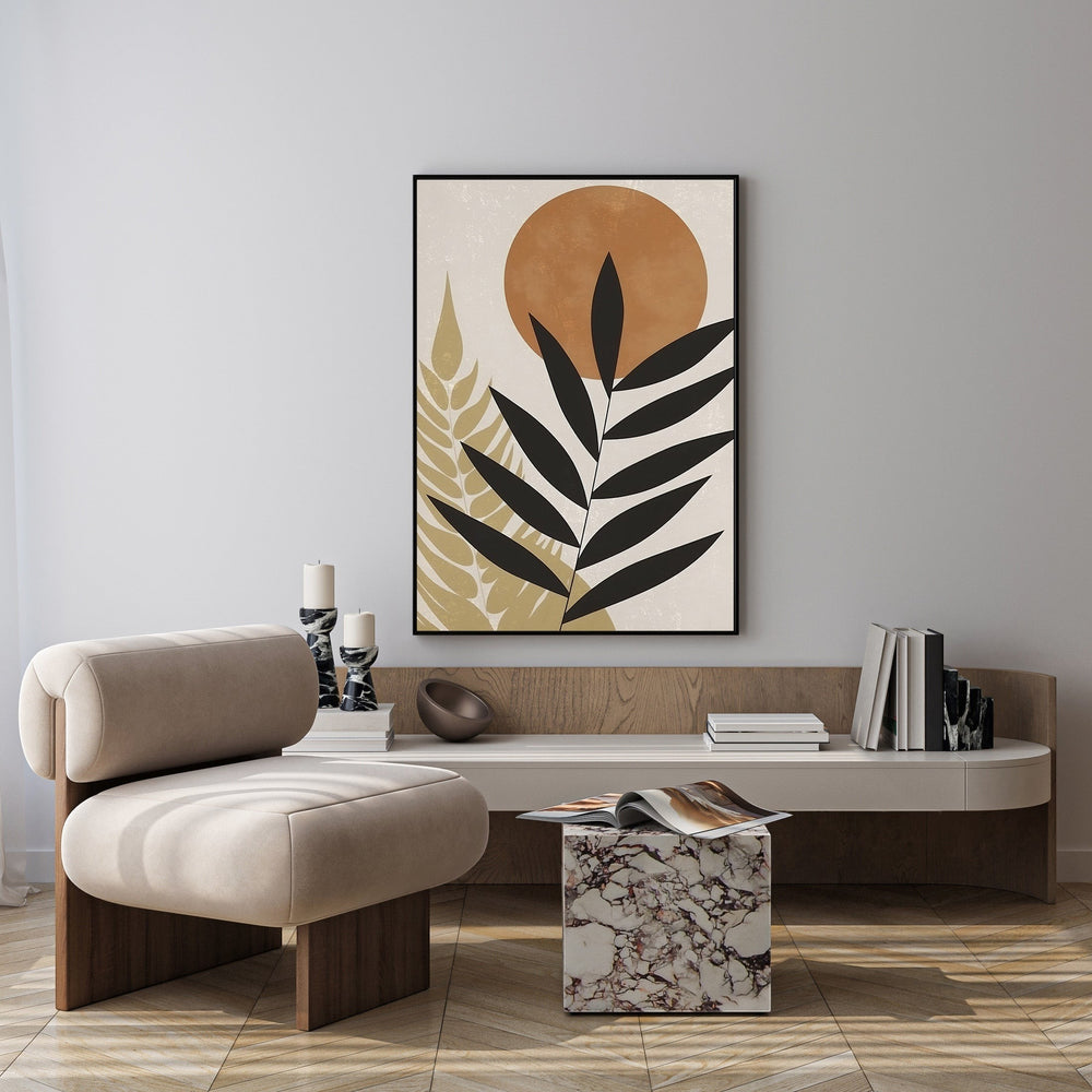 Wadi Home Abstract Botanical Sun Wall Art with black leaf silhouettes and warm earthy tones.