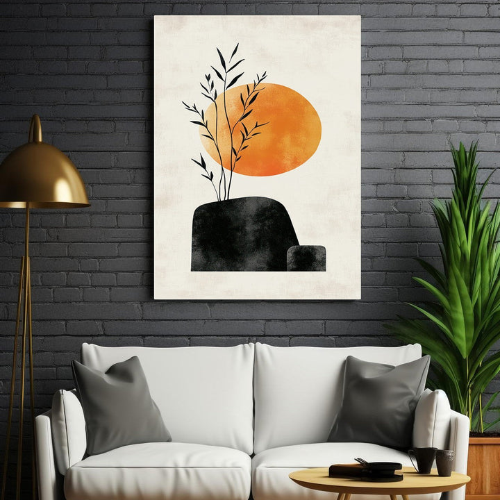 Wadi Home Abstract Botanical Sun Wall Art with orange sun, black shapes, and botanical elements on a neutral background.