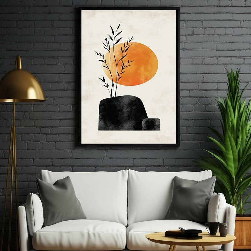 Wadi Home Abstract Botanical Sun Wall Art with orange sun, black shapes, and botanical elements on a neutral background.