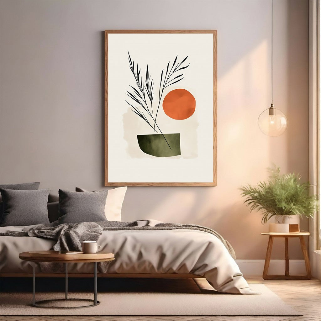 Wadi Home Abstract Botanical Sun Wall Art: minimalist terracotta sun, dark green vase, and botanical stems on cream background.
