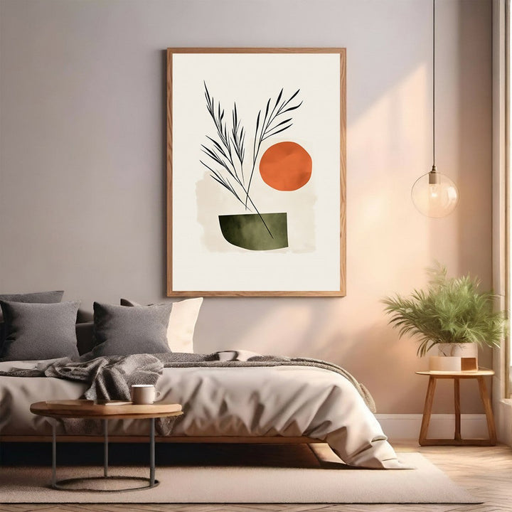 Wadi Home Abstract Botanical Sun Wall Art: minimalist terracotta sun, dark green vase, and botanical stems on cream background.