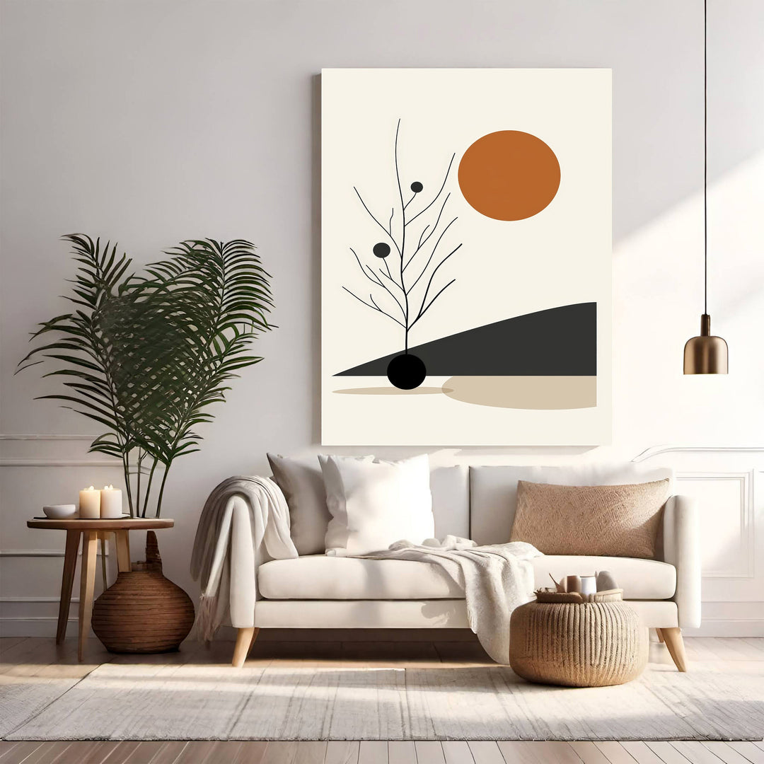 Wadi Home abstract botanical sun wall art with terracotta sun, minimalist tree, and geometric shapes in earthy tones.