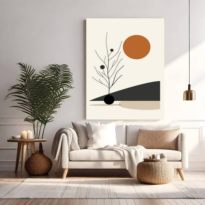 Wadi Home abstract botanical sun wall art with terracotta sun, minimalist tree, and geometric shapes in earthy tones.