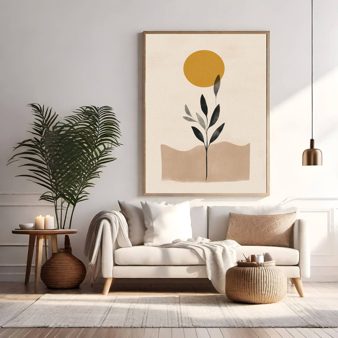 Wadi Home Abstract Botanical Sun Wall Art with golden sun and minimalist plant design on neutral background.