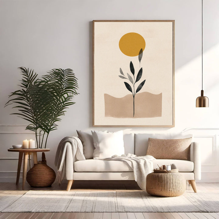 Wadi Home Abstract Botanical Sun Wall Art with golden sun and minimalist plant design on neutral background.