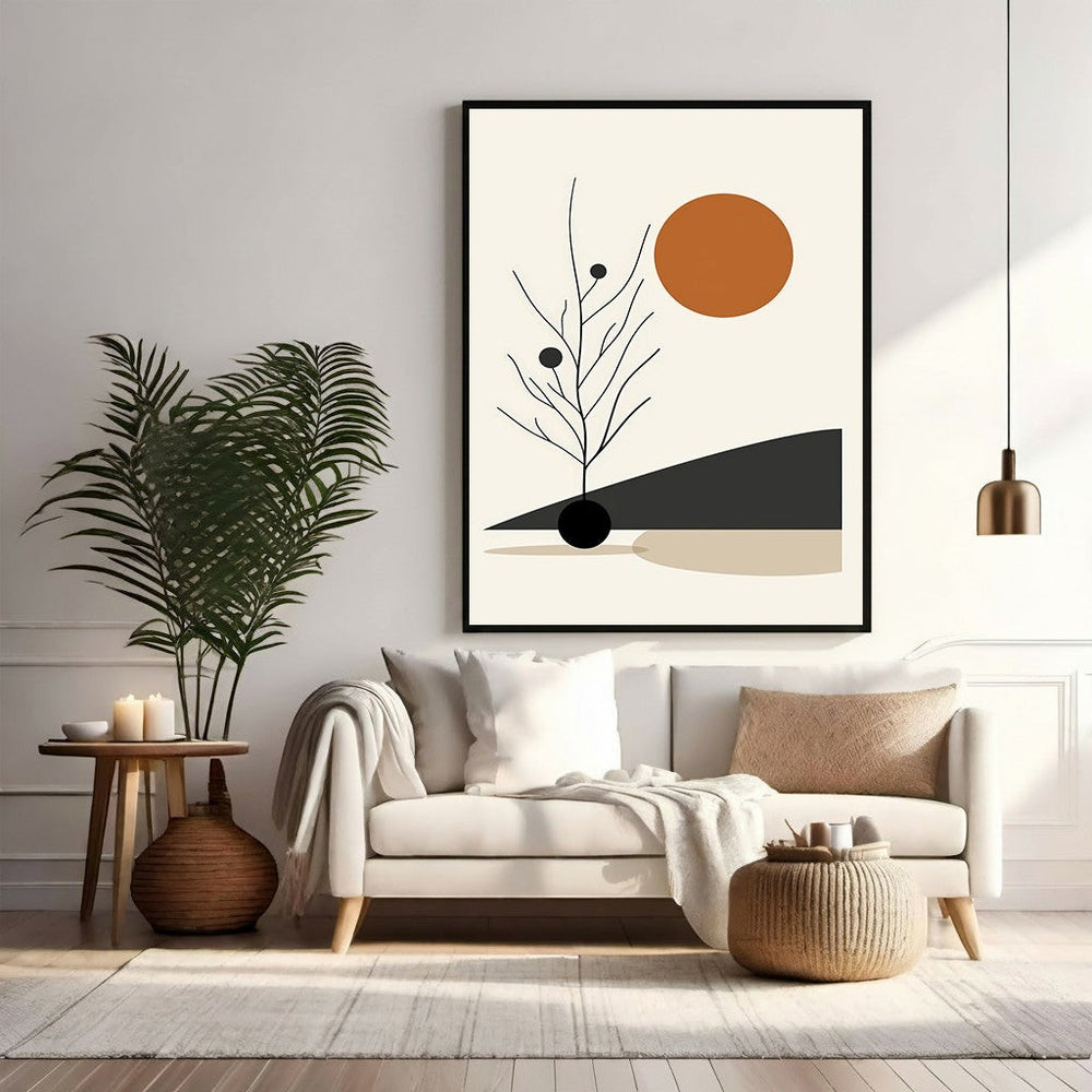Wadi Home abstract botanical sun wall art with terracotta sun and minimalist design on a cream background.