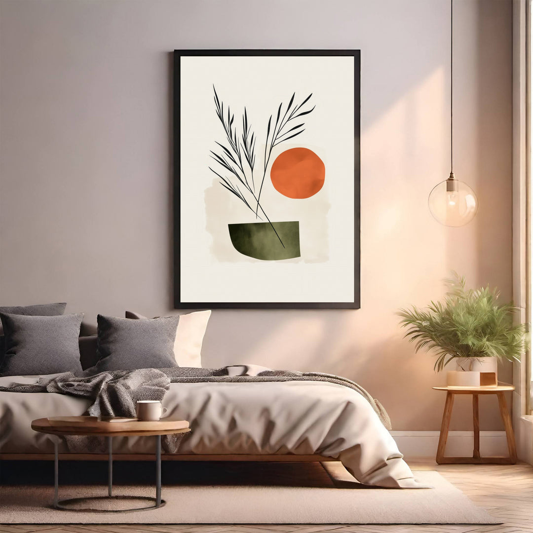 Wadi Home abstract botanical sun wall art with terracotta sun and muted green vase on cream background.