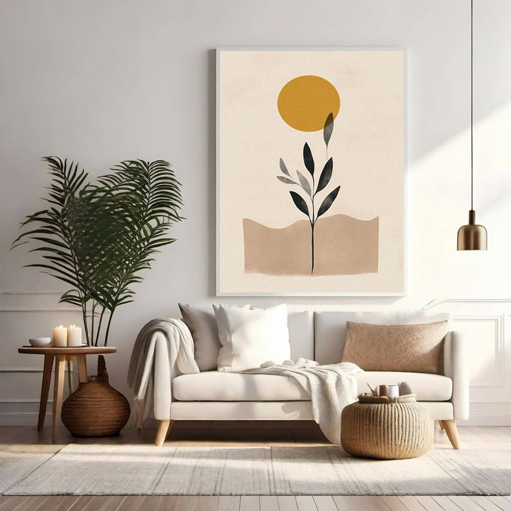 Wadi Home abstract botanical sun wall art with golden sun and minimalist plant design on neutral background.