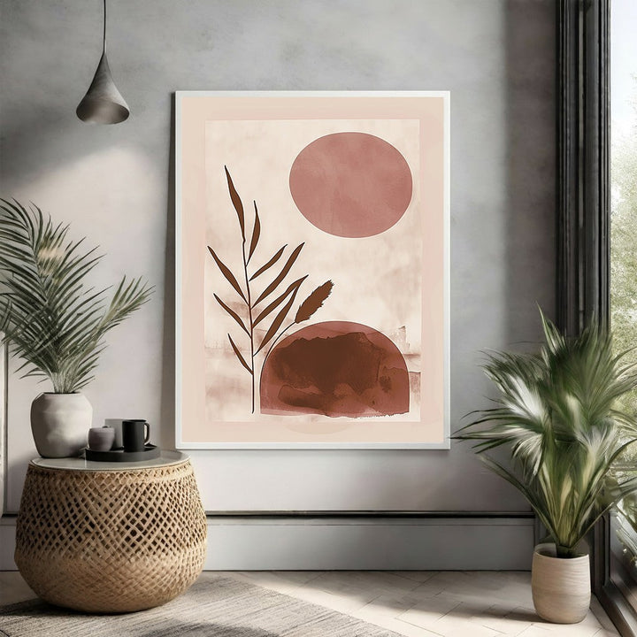Wadi Home Abstract Botanical Sunburst Wall Art in earthy tones with minimalist design. Features a sun and botanical elements.