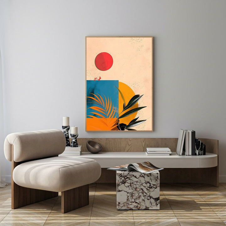 Wadi Home abstract botanical sunburst wall art with red sun, orange, blue, and green palm leaves.