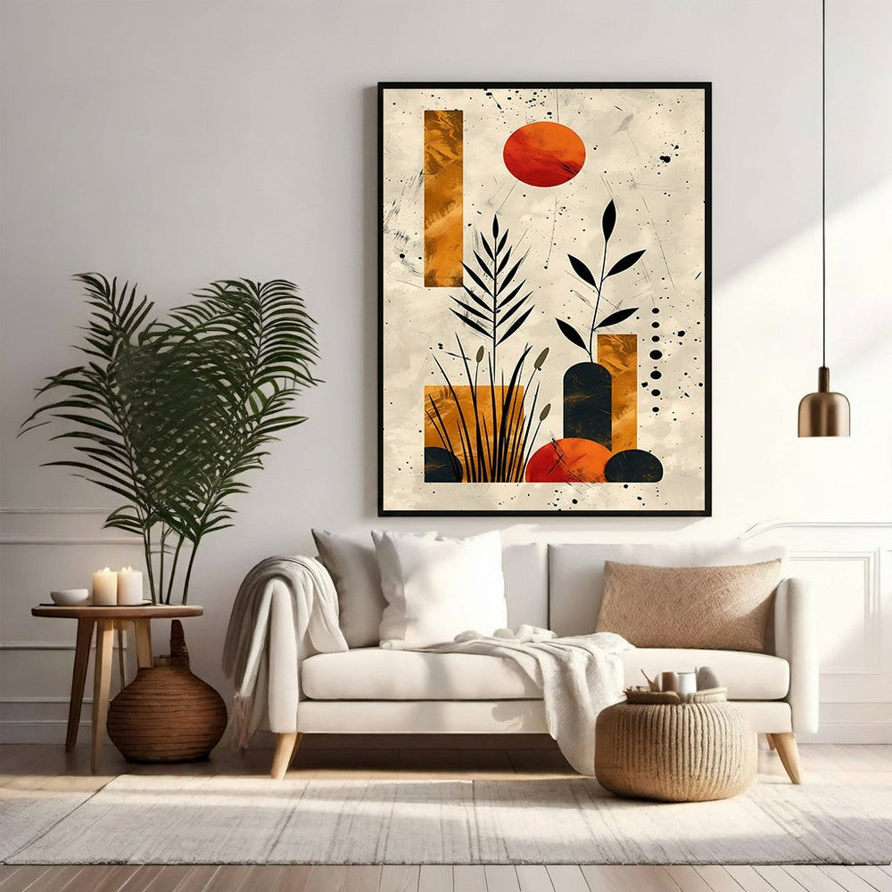 Wadi Home abstract botanical sunburst wall art with orange, black, and beige tones. Features organic shapes and plant motifs.