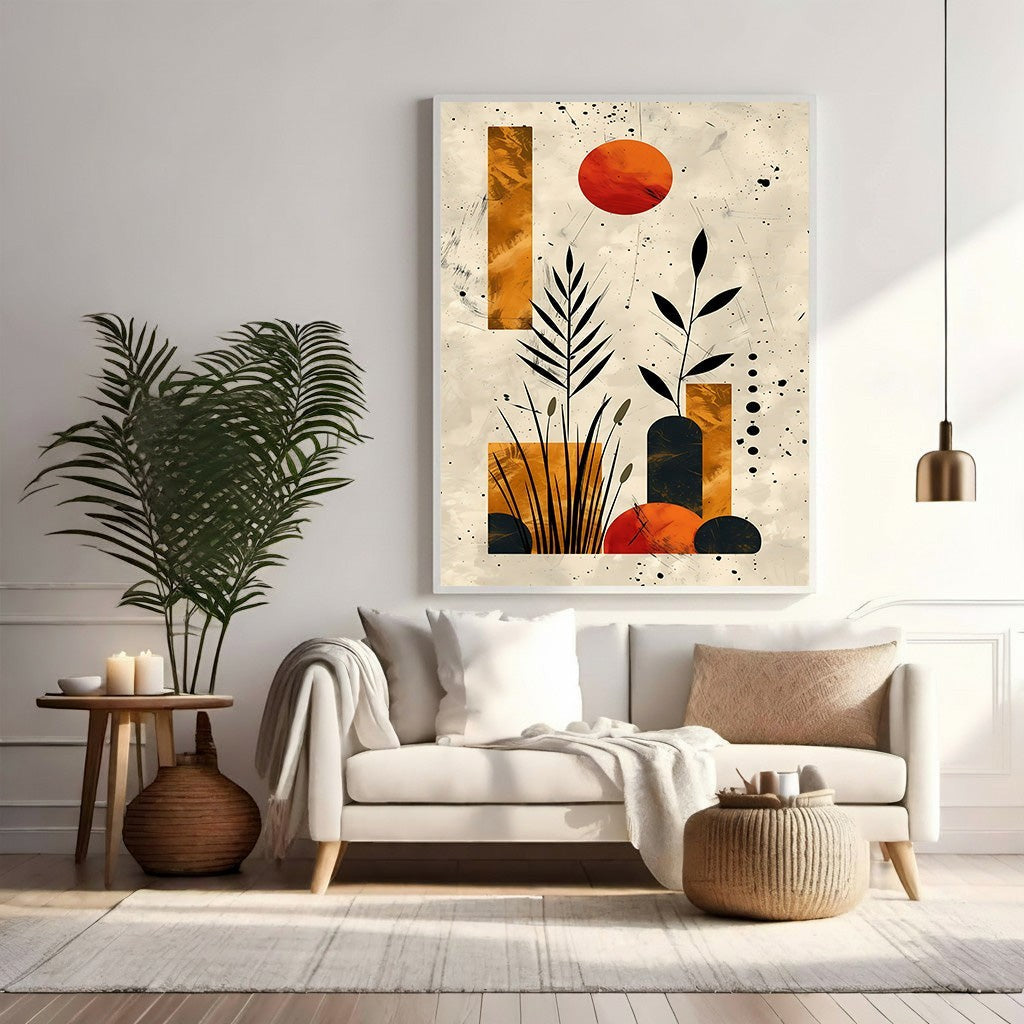 Wadi Home abstract botanical sunburst wall art with warm earthy tones and modern design.