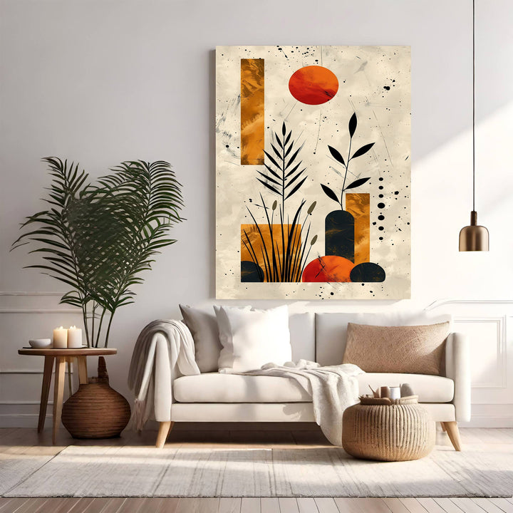 Wadi Home abstract botanical sunburst wall art with warm earthy tones and black botanical elements.