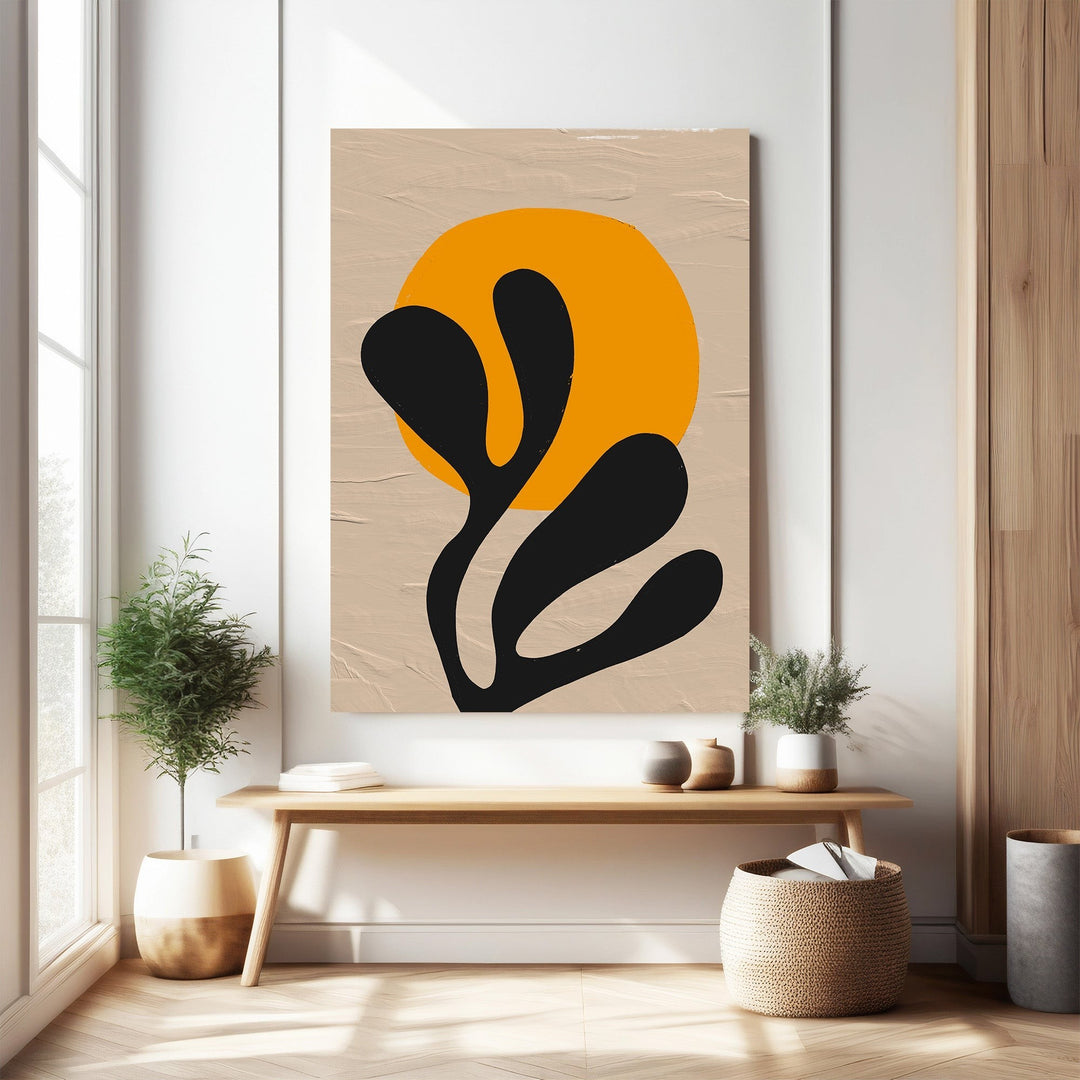Wadi Home Abstract Botanical Sunburst Wall Art with orange sun, black organic shapes on textured neutral background.