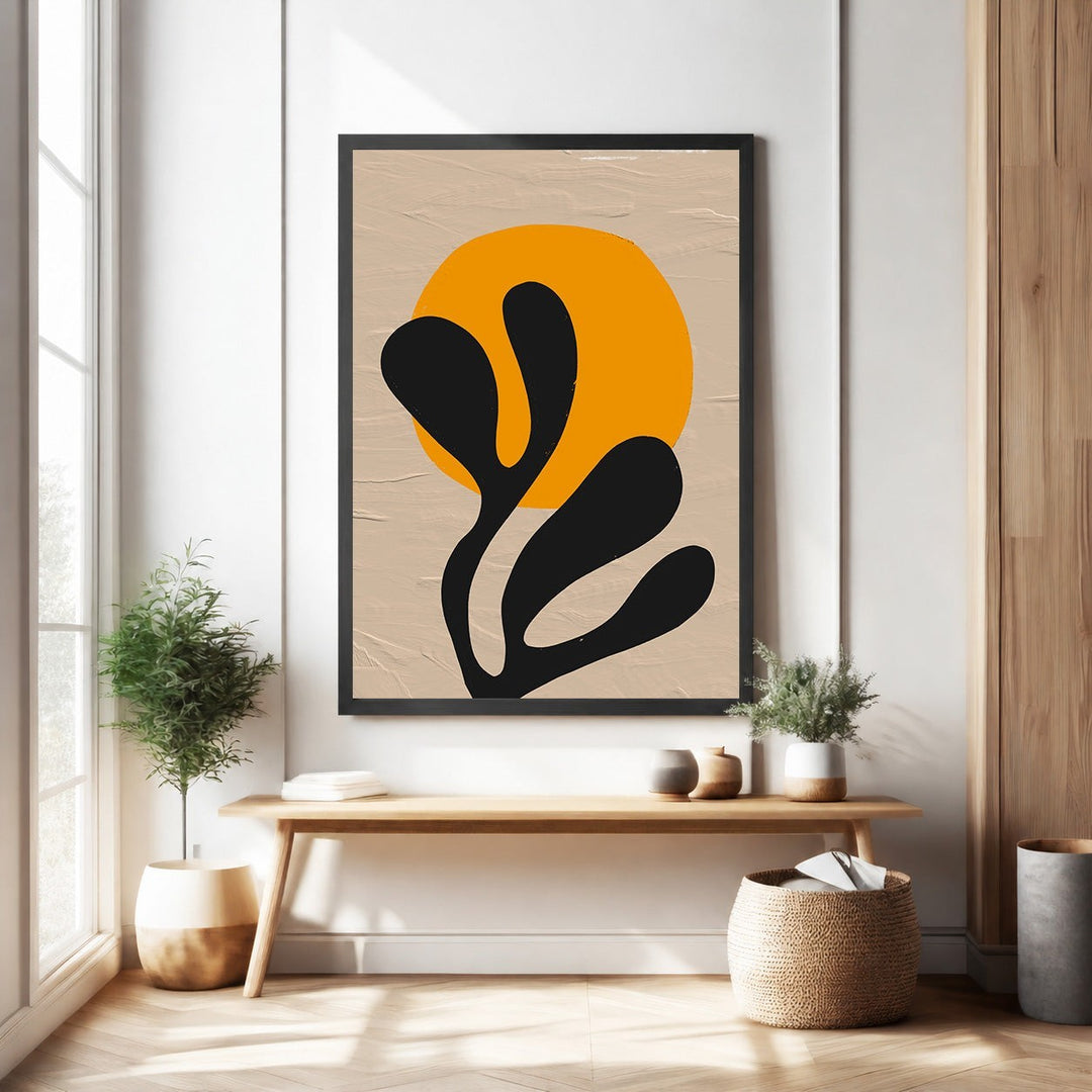 Wadi Home Abstract Botanical Sunburst Wall Art with orange sun and black organic shapes on textured neutral background.