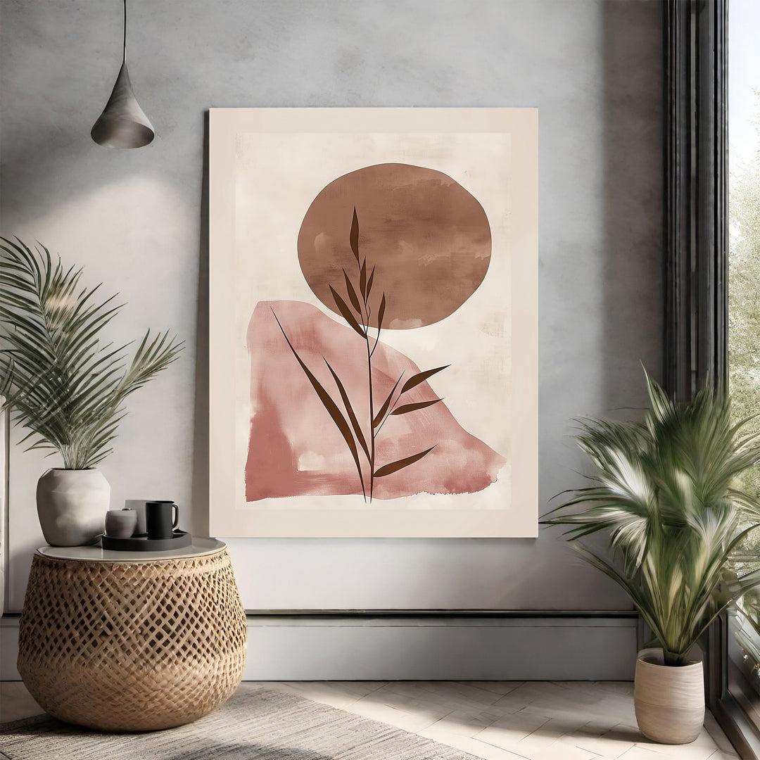 Wadi Home abstract botanical sunburst wall art in terracotta and brown, minimalist design.