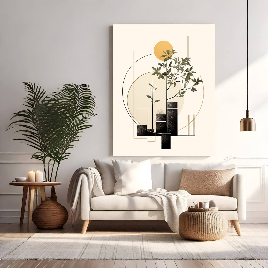 Wadi Home abstract botanical tree wall art with minimalist design, neutral colors, and geometric elements.