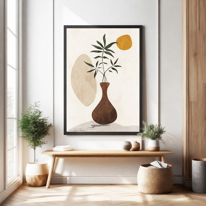 Wadi Home abstract botanical vase wall art with brown vase, green foliage, and yellow circle on textured background.