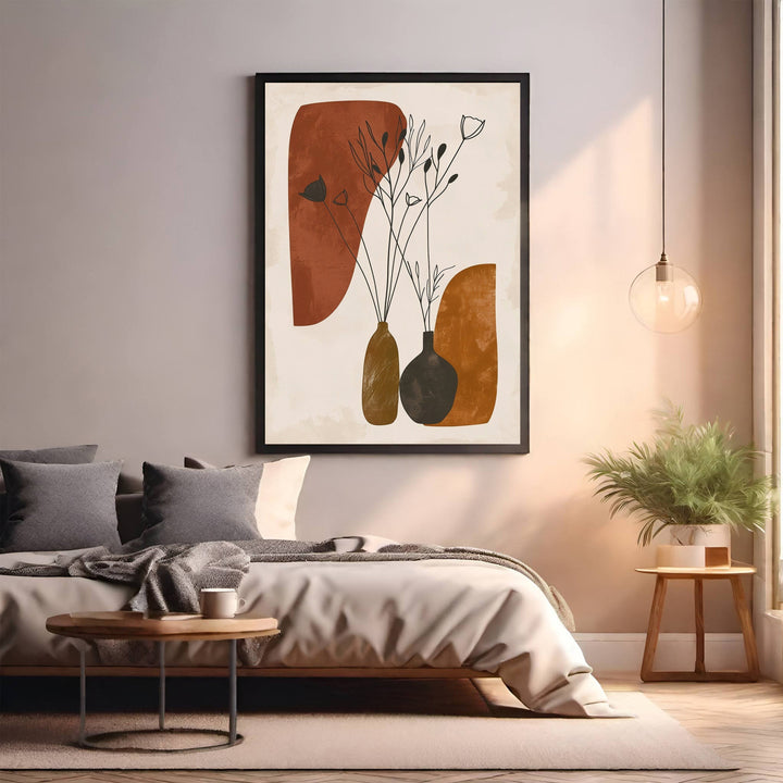 Wadi Home abstract botanical vase wall art with terracotta, ochre, and brown organic shapes and minimalist floral outlines.