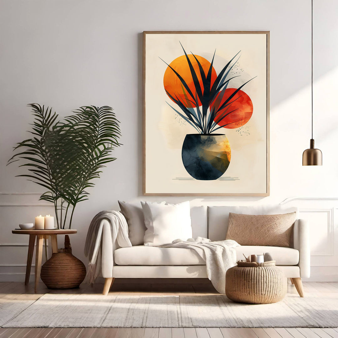 Wadi Home abstract botanical vase wall art with deep blues, oranges, and greens. Minimalist design.