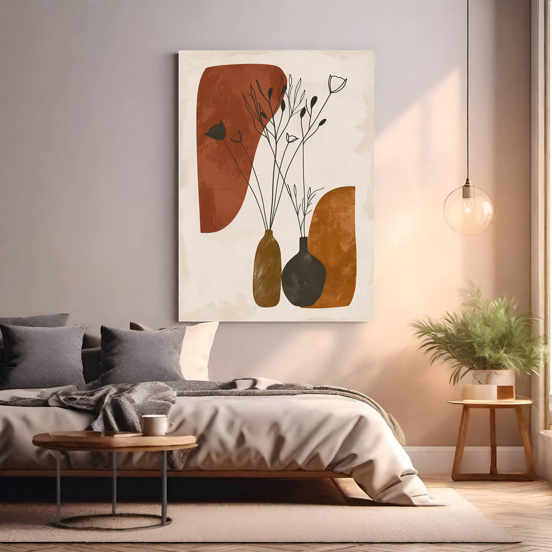 Wadi Home abstract botanical wall art with minimalist vases and organic shapes in terracotta, ochre, and brown.
