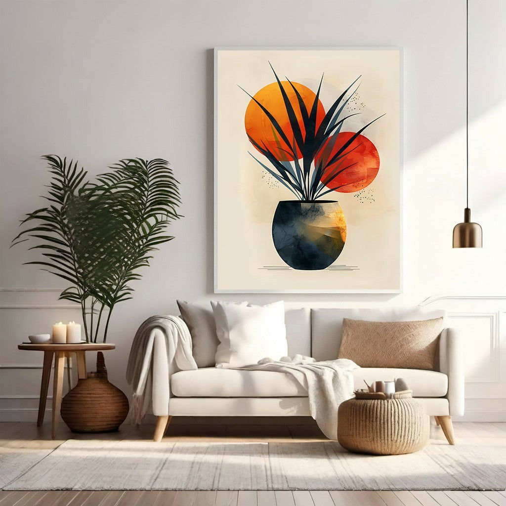 Wadi Home abstract botanical vase wall art with dark blue, orange, and green tones. Minimalist design.