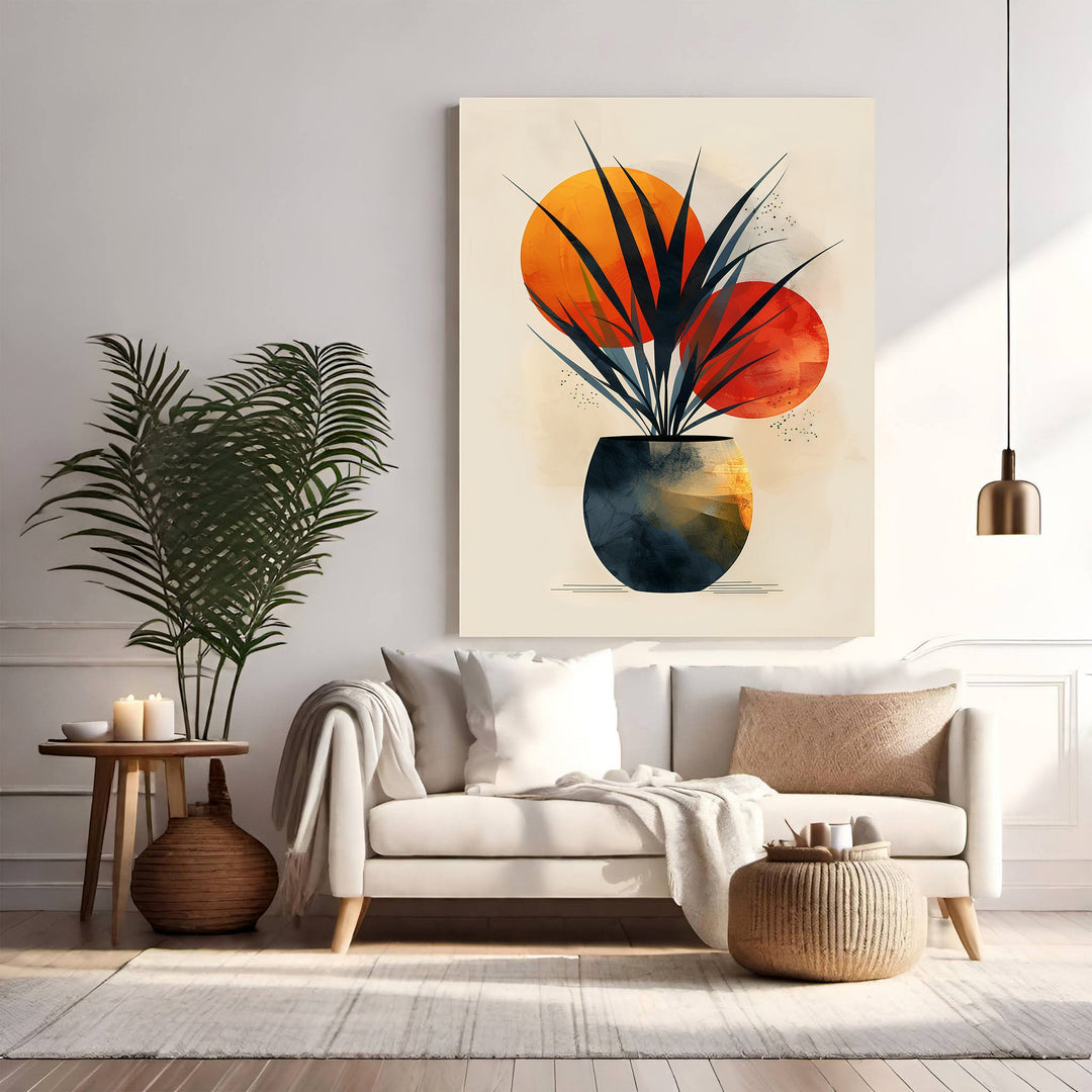 Wadi Home Abstract Botanical Vase Wall Art featuring a minimalist design with bold strokes in deep blues, warm oranges, and lush greens.