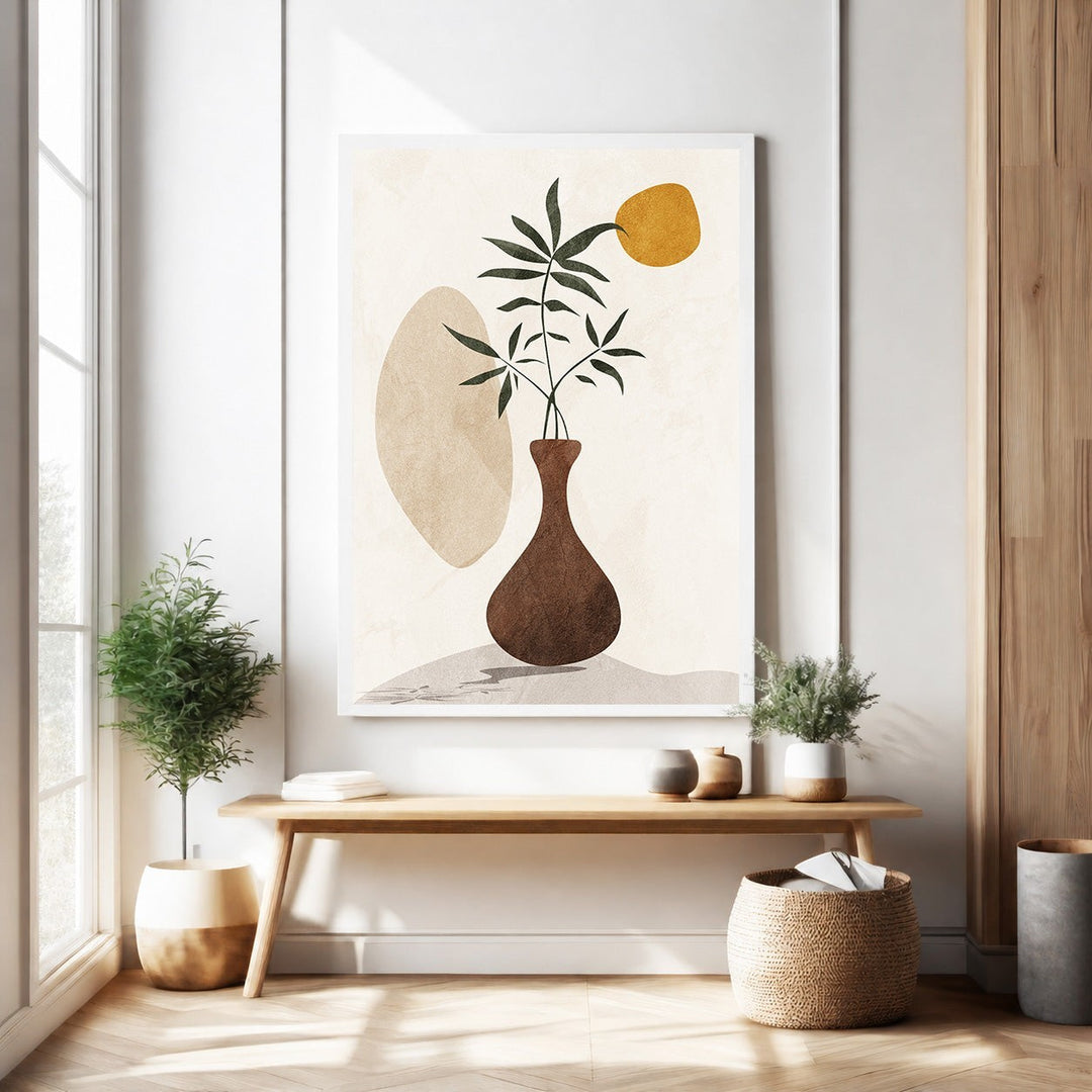 Wadi Home abstract botanical vase wall art with brown vase and green foliage on textured neutral background.