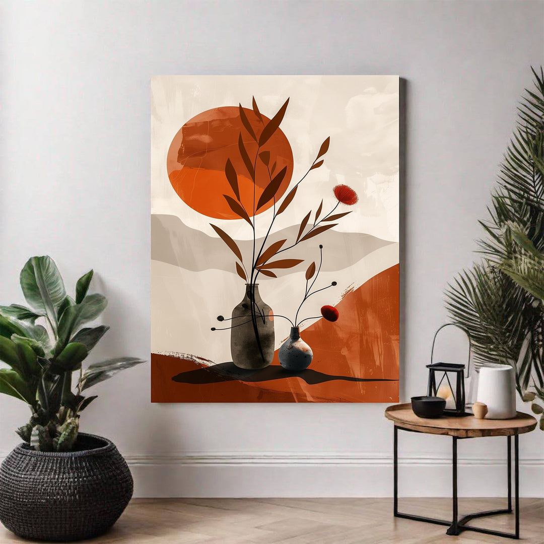Wadi Home abstract botanical vase wall art in burnt orange, beige, and brown. Features minimalist floral elements and a sun motif.