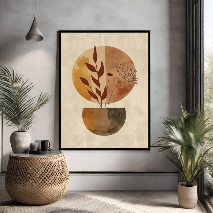 Wadi Home abstract botanical vase wall art in earthy tones of terracotta, rust, and beige. Minimalist design with organic elegance.