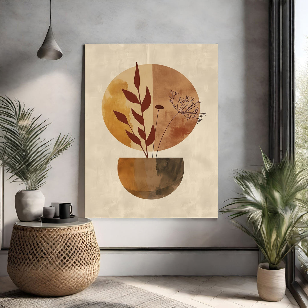 Wadi Home abstract botanical vase wall art in earthy tones of terracotta, rust, and beige. Minimalist design with organic elegance.