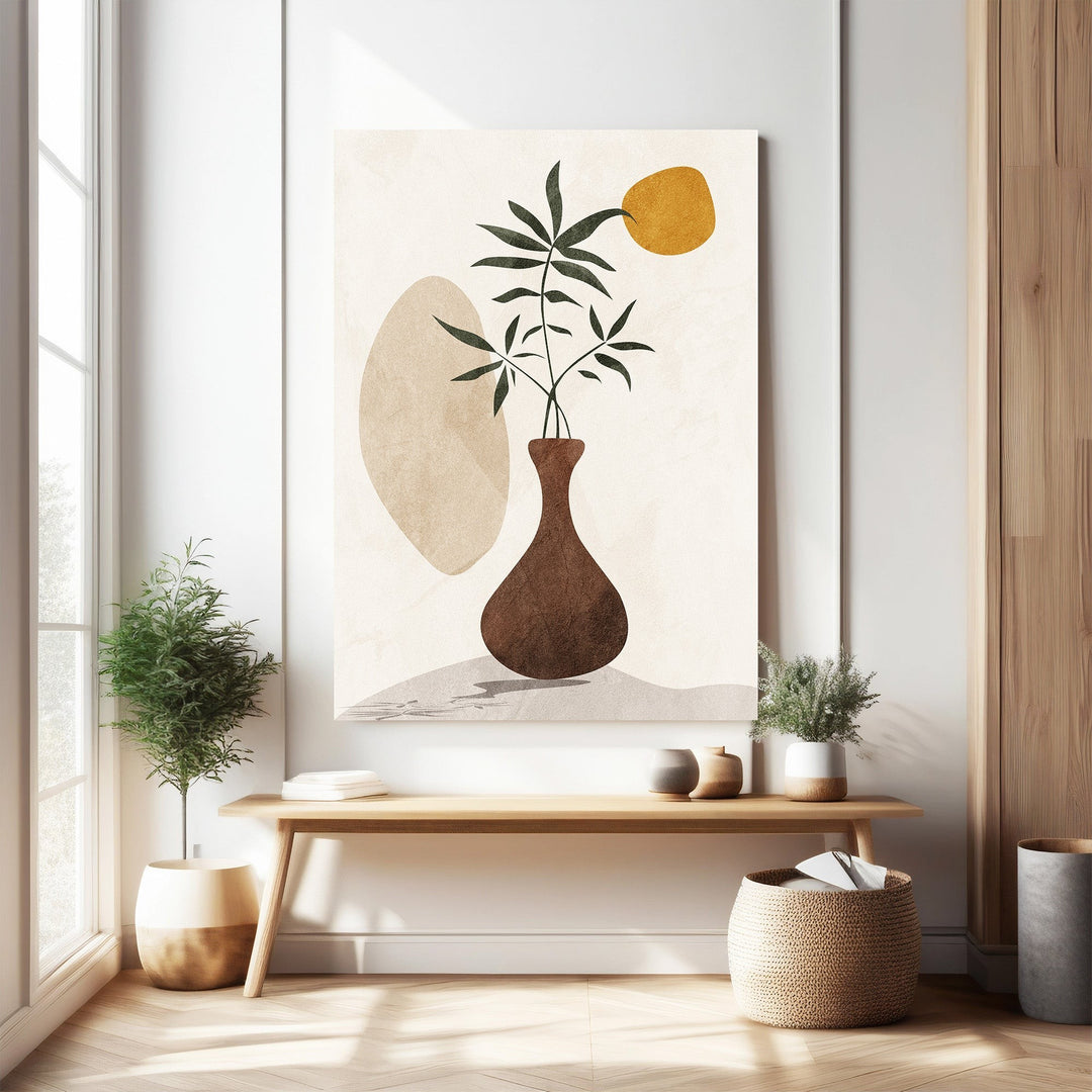 Wadi Home abstract botanical vase wall art with brown vase and green foliage on textured neutral background.