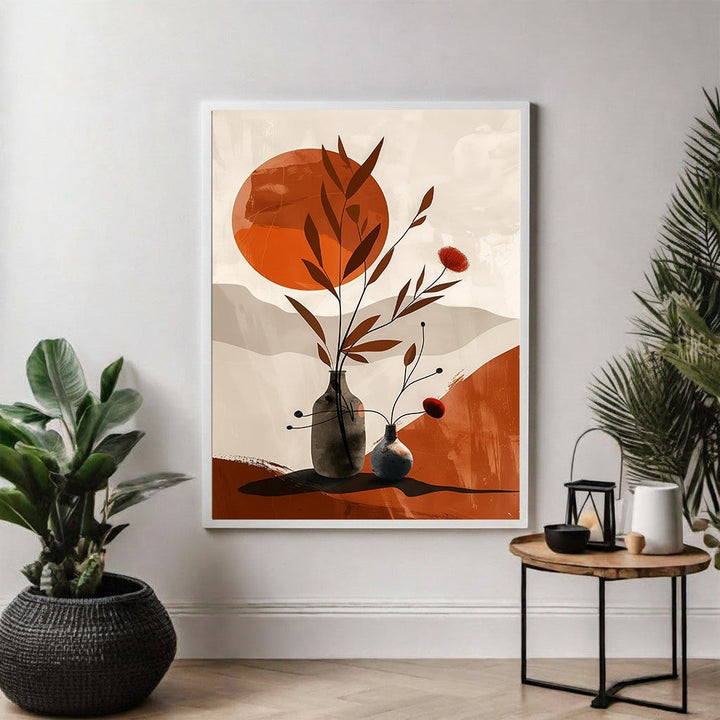Wadi Home abstract botanical vase wall art with burnt orange sun, beige hills, and brown vases with red flowers.