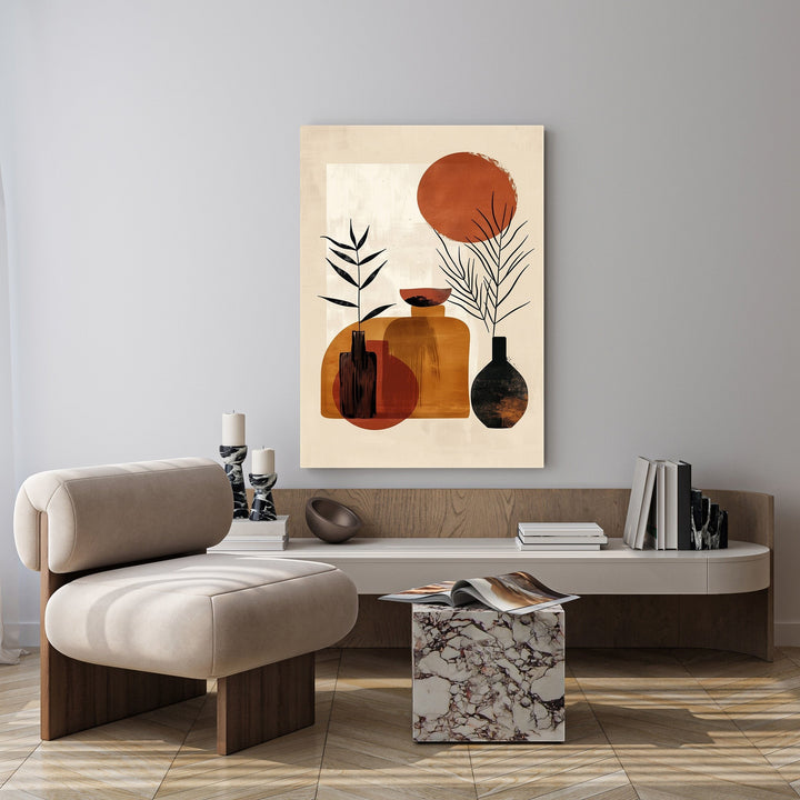 Wadi Home abstract botanical vase wall art in terracotta and black, modern minimalist design.