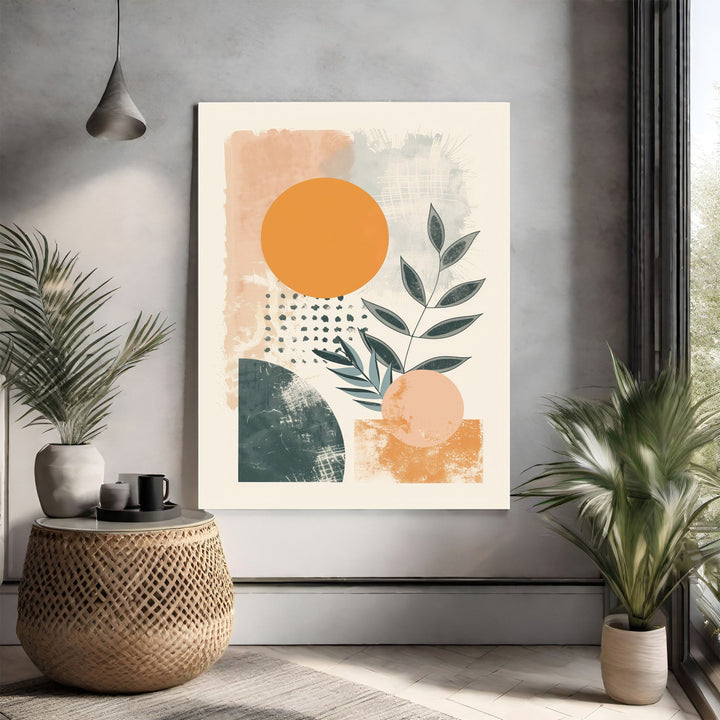 Wadi Home abstract botanical geometric wall art with terracotta, teal, and orange hues. Features textured brushstrokes and organic shapes.