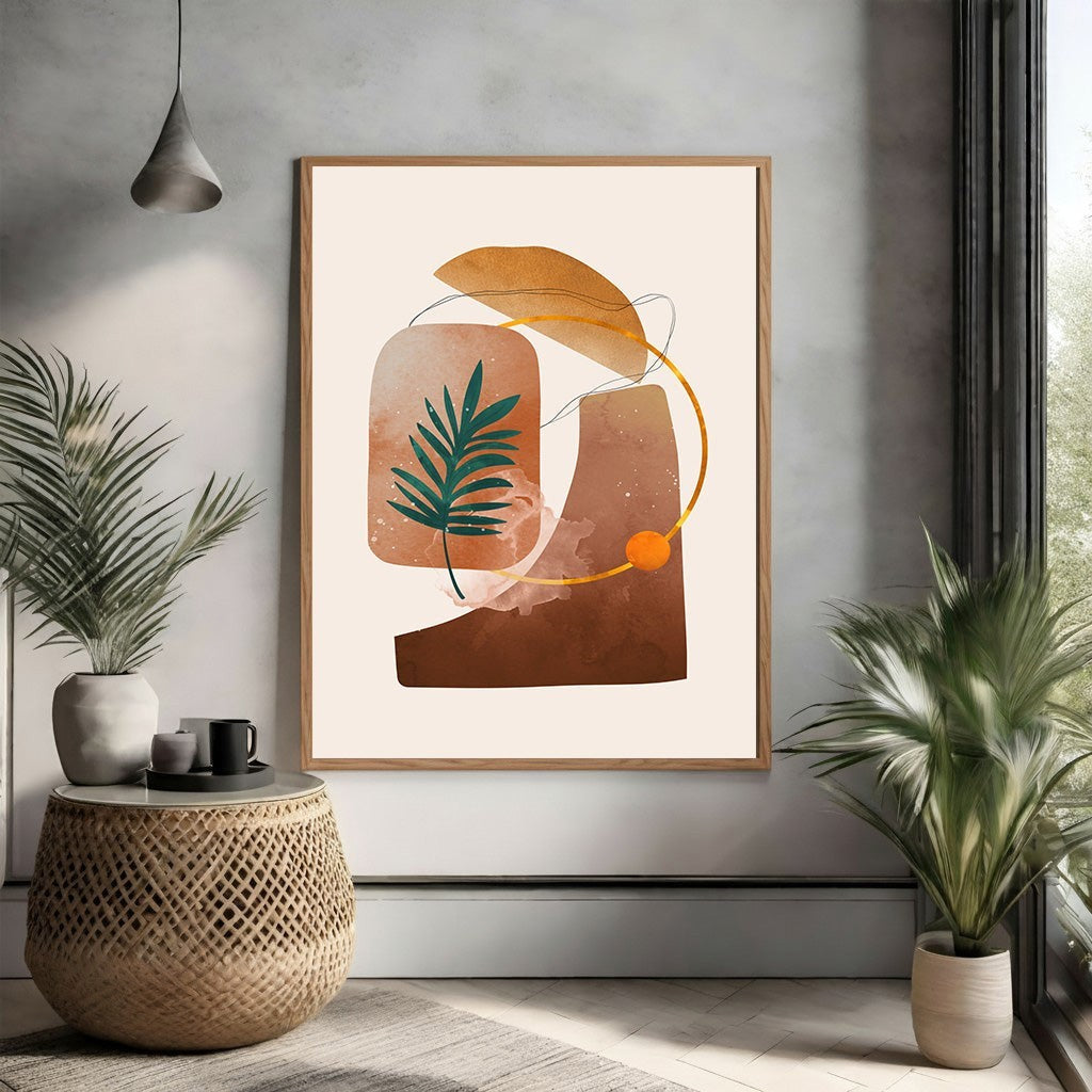 Wadi Home abstract botanical wall art with earthy tones, organic shapes, and a green palm leaf motif. Framed in light wood.