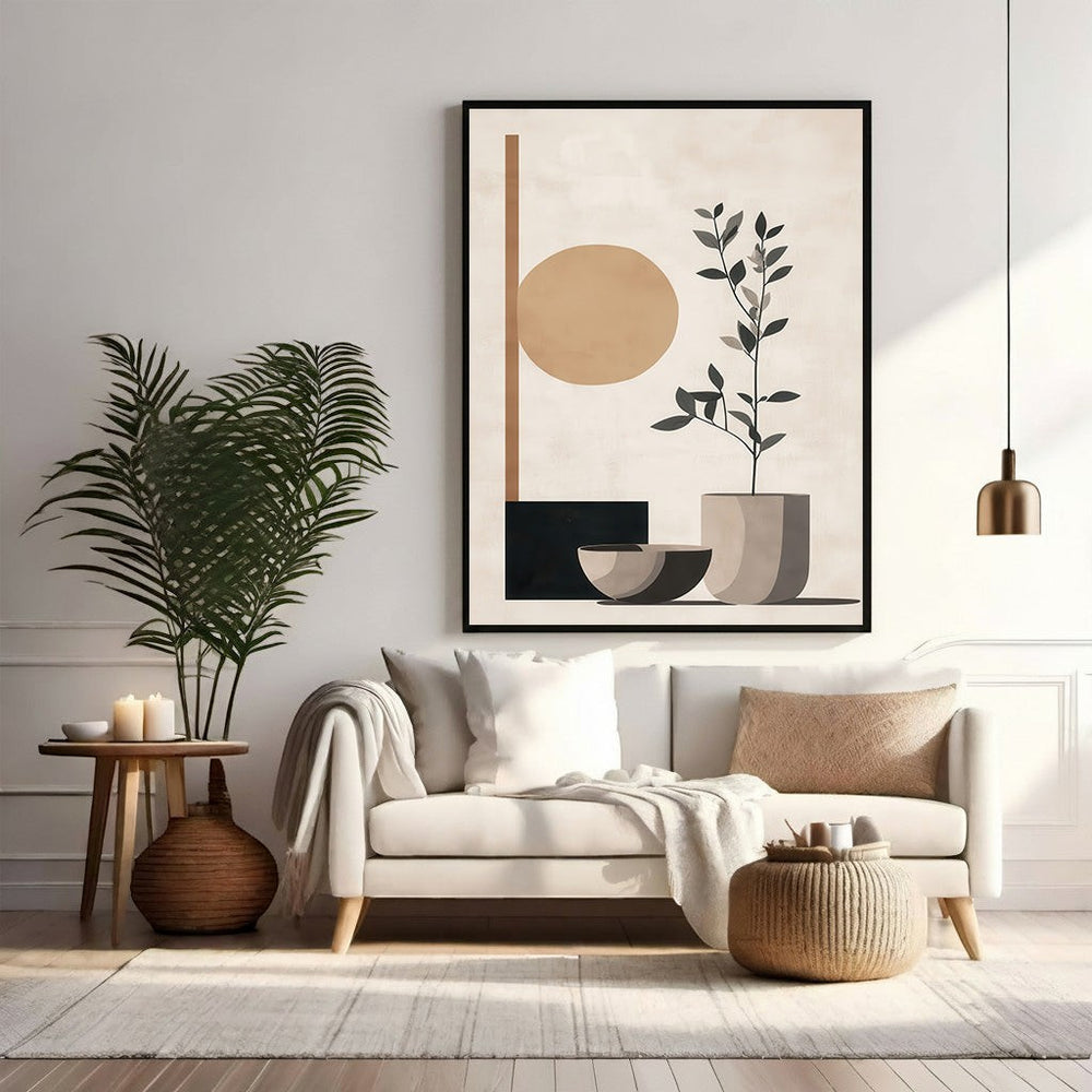 Wadi Home abstract botanical wall art with beige, terracotta, and charcoal organic shapes. Minimalist plant in a pot with sun-like circle.