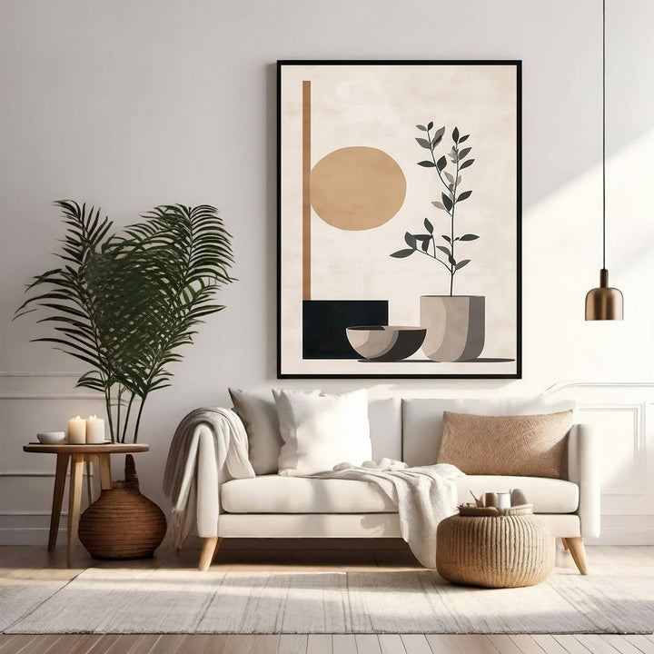 Wadi Home abstract botanical wall art with beige, terracotta, and charcoal organic shapes. Minimalist plant in a pot with sun-like circle.