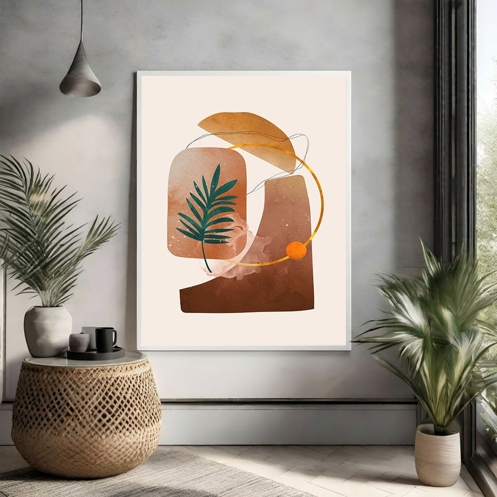 Wadi Home abstract botanical wall art with earthy tones, organic shapes, and a green palm leaf motif. Modern sophistication.