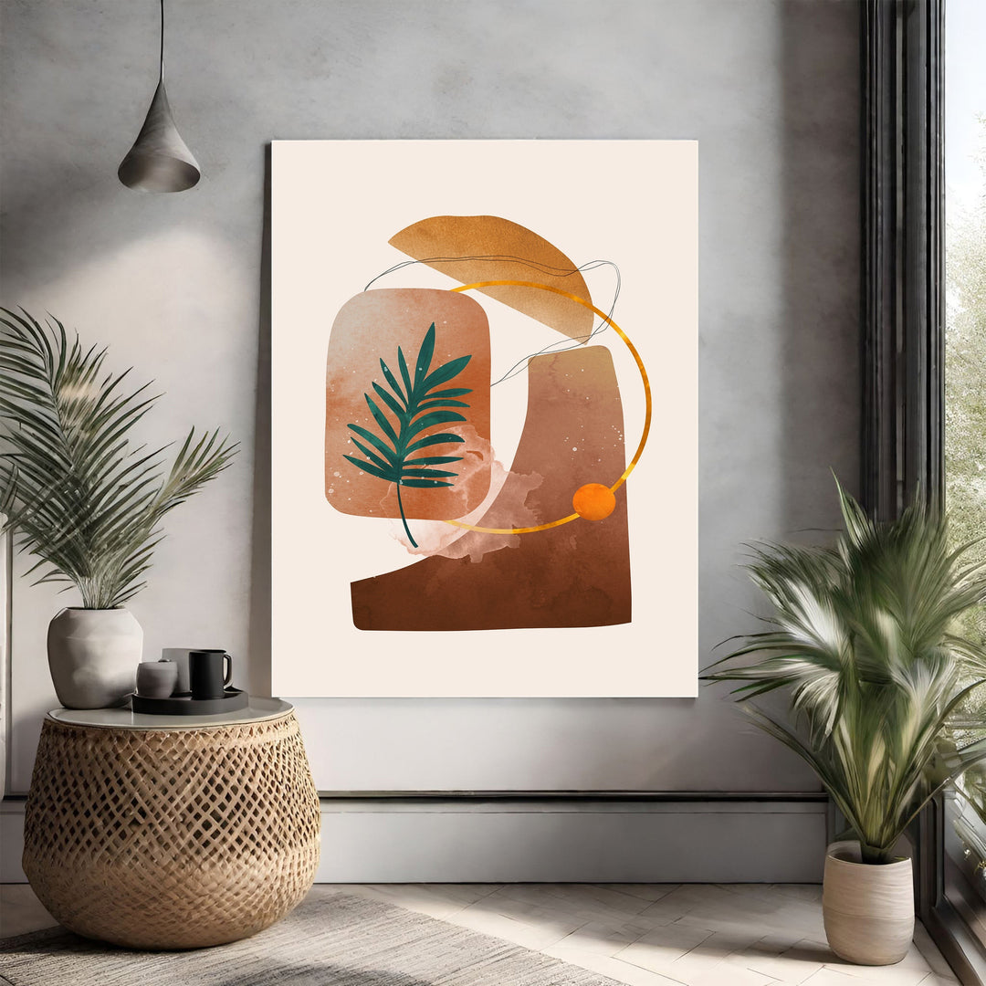 Wadi Home abstract botanical wall art with earthy tones, organic shapes, and a green leaf motif. Modern sophistication for any room.