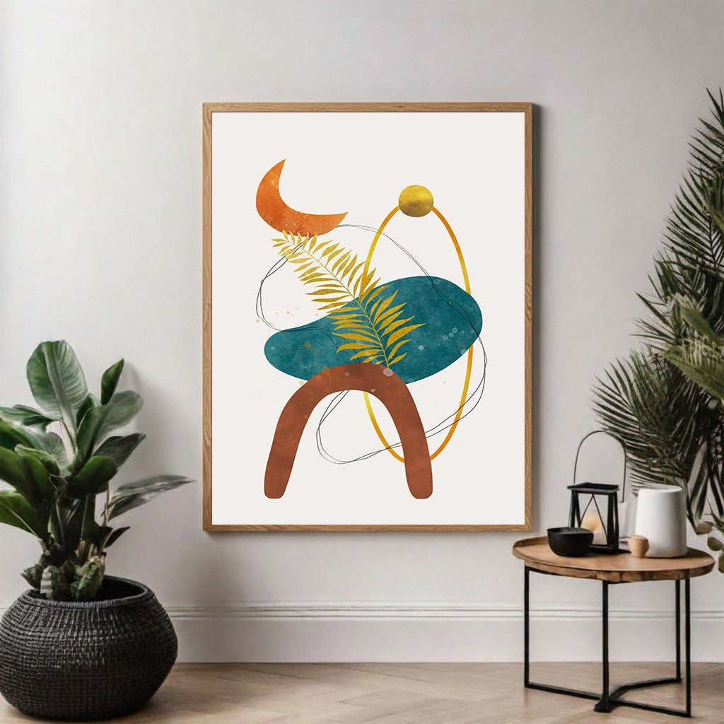 Wadi Home abstract geometric botanical wall art with terracotta arch, teal oval, orange crescent moon, and gold fern frond.