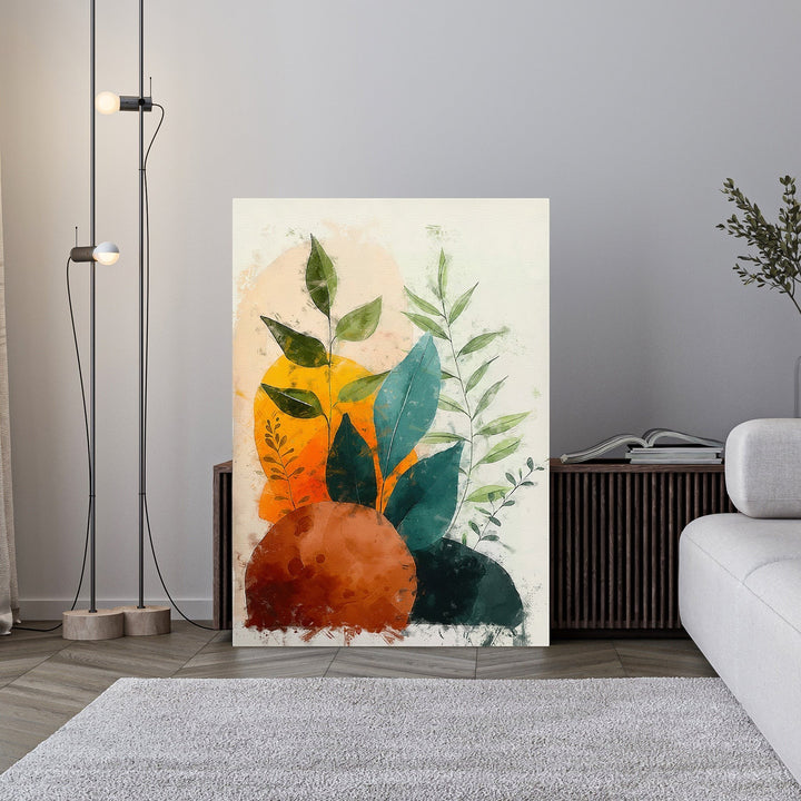 Wadi Home abstract botanical wall art with green foliage and earthy tones. Features watercolor textures and organic shapes.