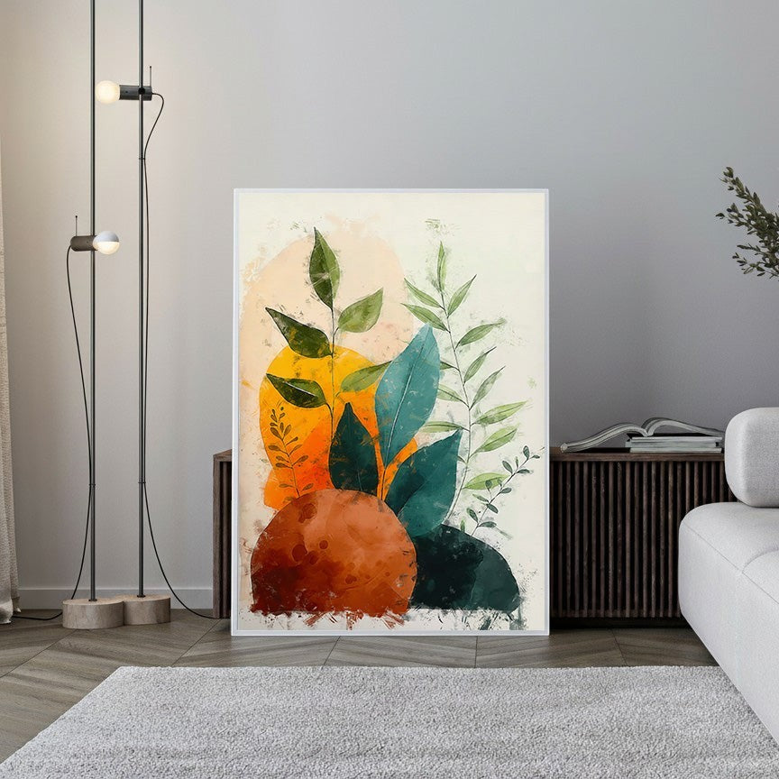 Wadi Home abstract botanical wall art with green leaves and earthy tones in watercolor style.