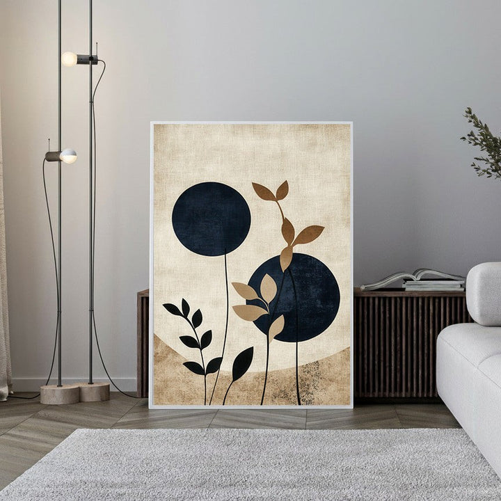 Wadi Home Abstract Botanical Circles Wall Art featuring navy circles and beige botanical elements on a textured background.