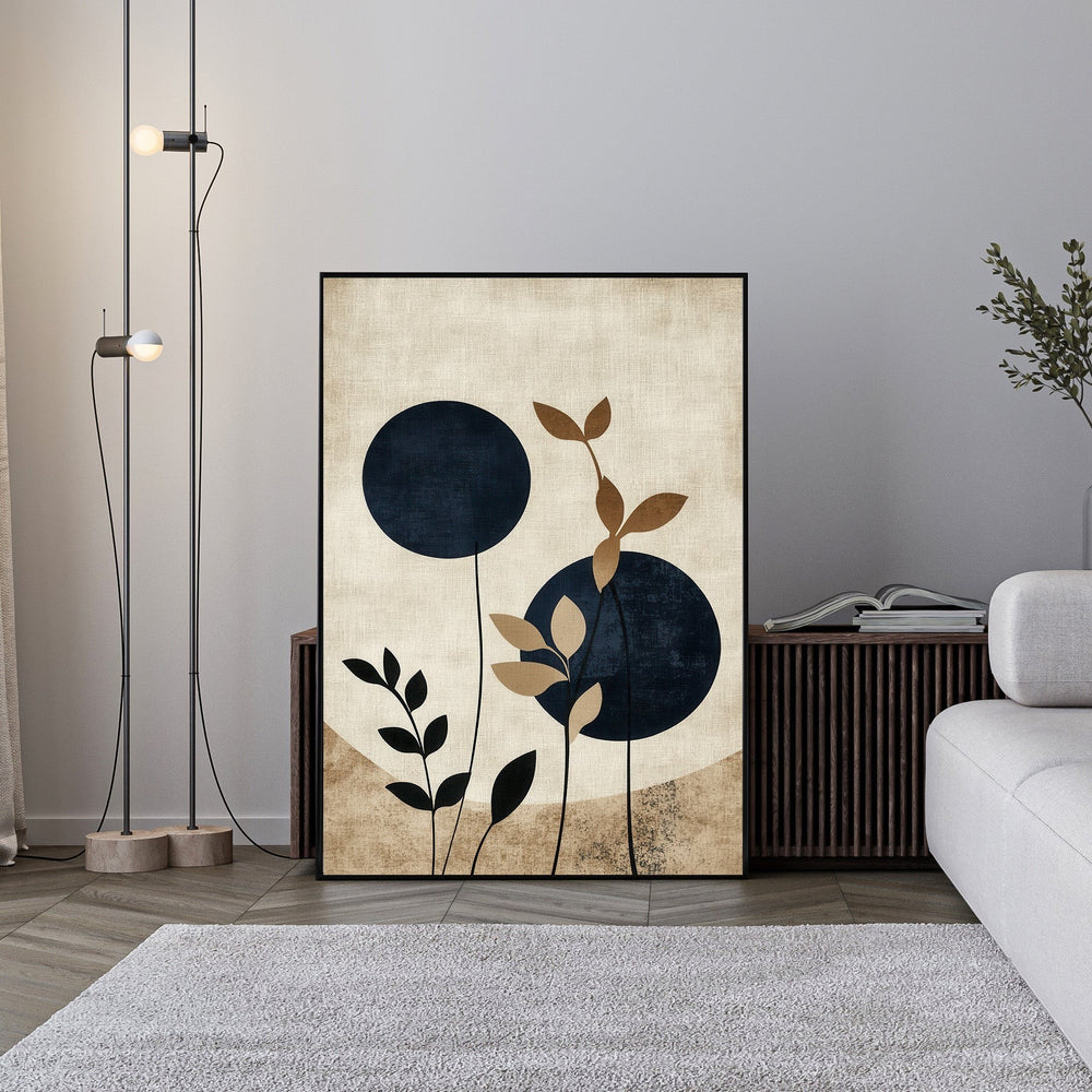 Wadi Home Abstract Botanical Circles Wall Art with navy circles and earthy botanical elements on textured background.