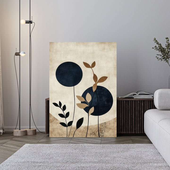 Wadi Home abstract botanical wall art with navy circles and beige leaves on textured background.