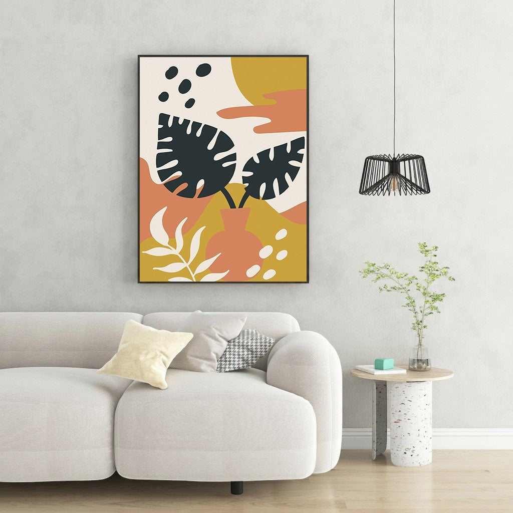 Wadi Home abstract botanical wall art with ochre, terracotta, and deep green monstera leaves and organic shapes.